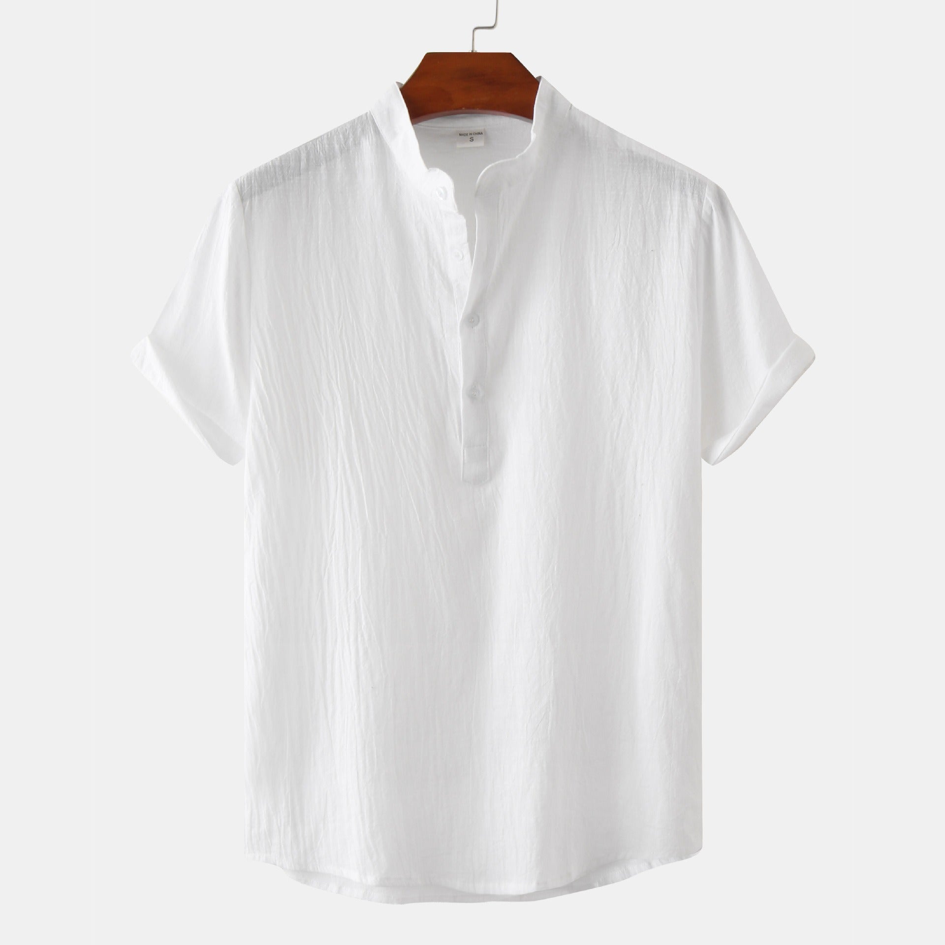 Summer Mens Cotton and Linen Standing Collar Casual Short Sleeved Shirt Beach T Shirt Shirt Mens Clothing - E-Esther Clothing Store