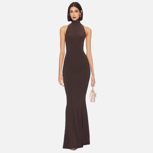 Hanging neck exposed back slim fit fashionable fishtail long dress formal dress - E-Esther Clothing Store