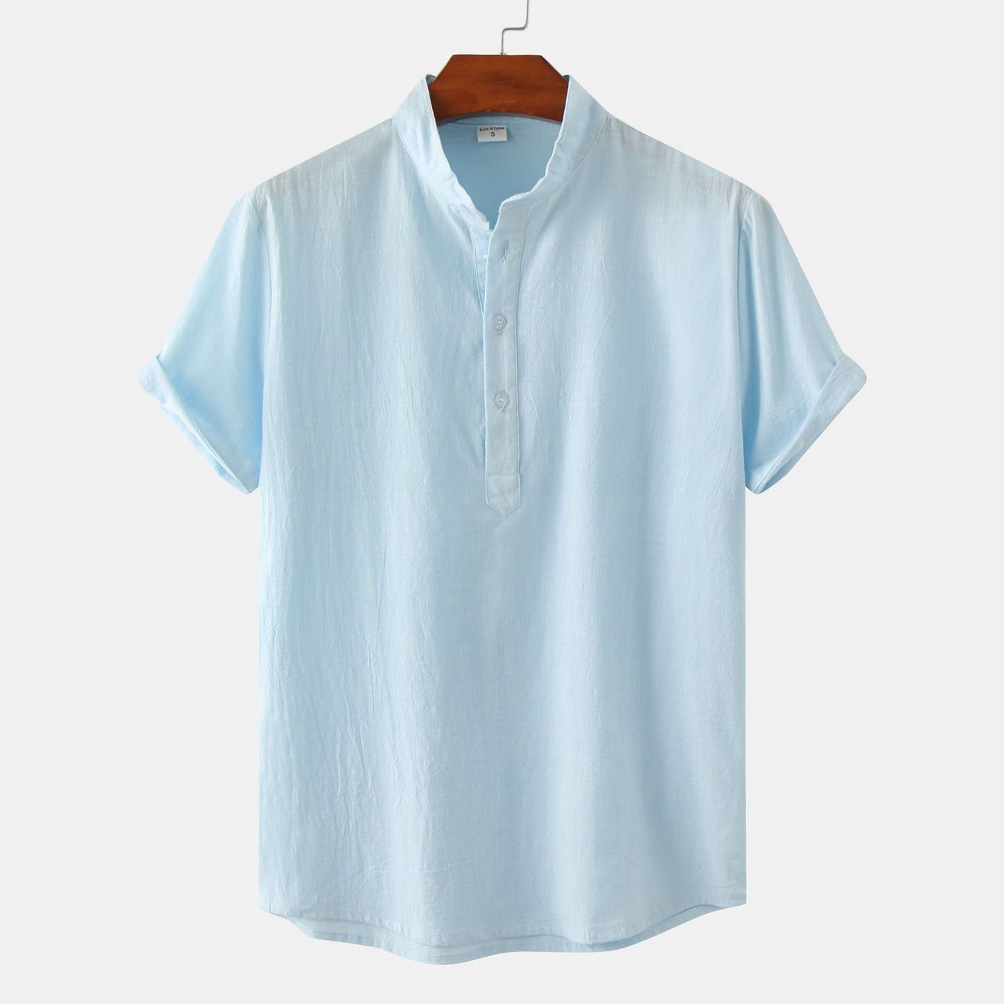 Summer Mens Cotton and Linen Standing Collar Casual Short Sleeved Shirt Beach T Shirt Shirt Mens Clothing - E-Esther Clothing Store