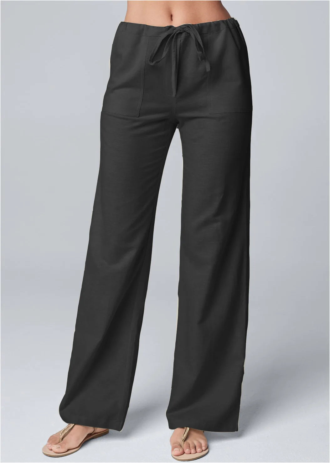 Women Cotton Linen Pants Solid Color Elastic Loose Drawstring Wide-Leg High Waist Trousers Female Stretch Straight Casual Pants - E-Esther Clothing Store