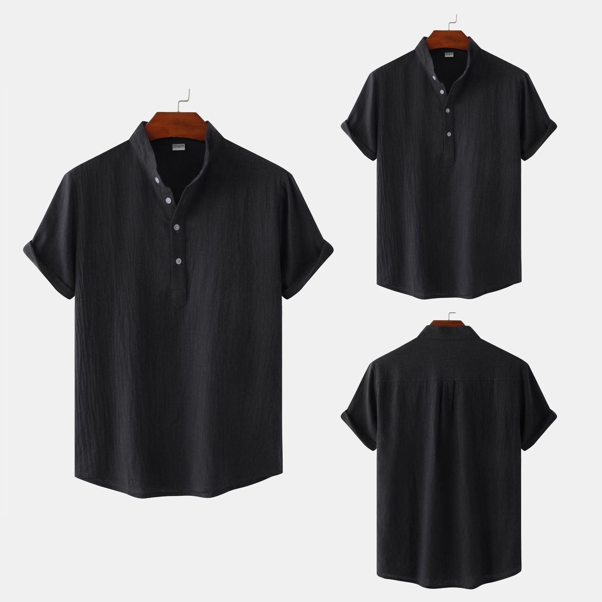 Summer Mens Cotton and Linen Standing Collar Casual Short Sleeved Shirt Beach T Shirt Shirt Mens Clothing - E-Esther Clothing Store