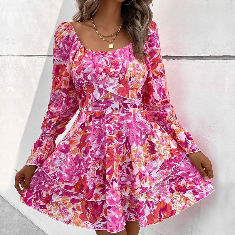 New Fashion European and American Womens Square Neck Printed Ruffle Sleeve Slim Fit Dress - E-Esther Clothing Store
