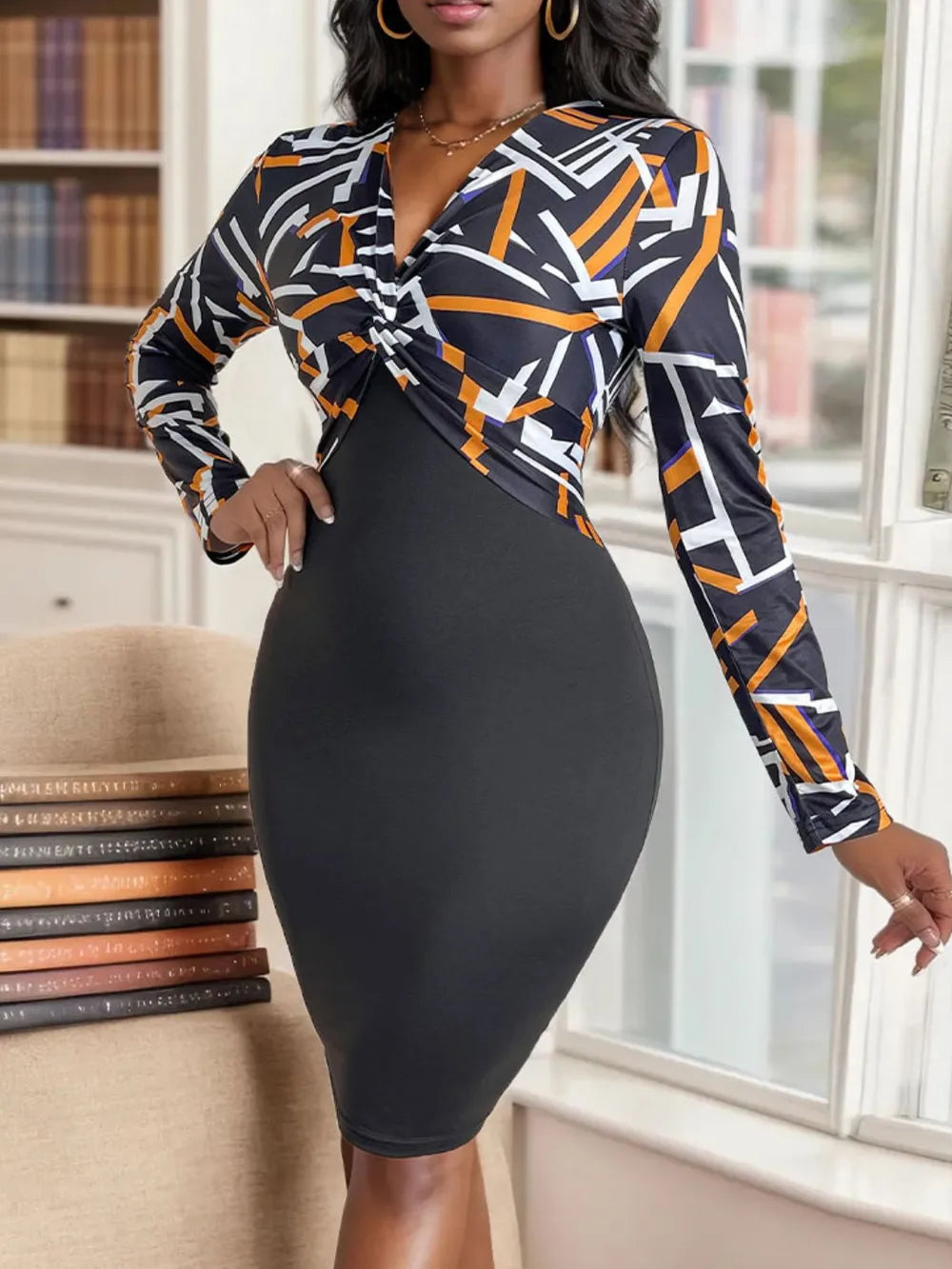 V-neck high waist slim fit hip hugging skirt geometric long sleeved women's dress - E-Esther Clothing Store