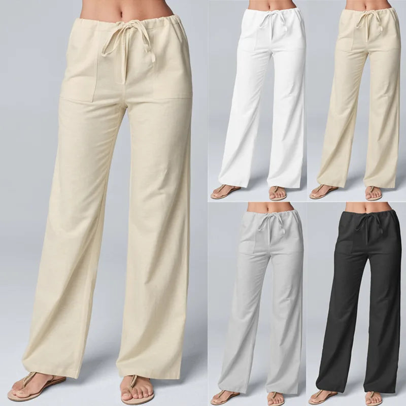 Women Cotton Linen Pants Solid Color Elastic Loose Drawstring Wide-Leg High Waist Trousers Female Stretch Straight Casual Pants - E-Esther Clothing Store