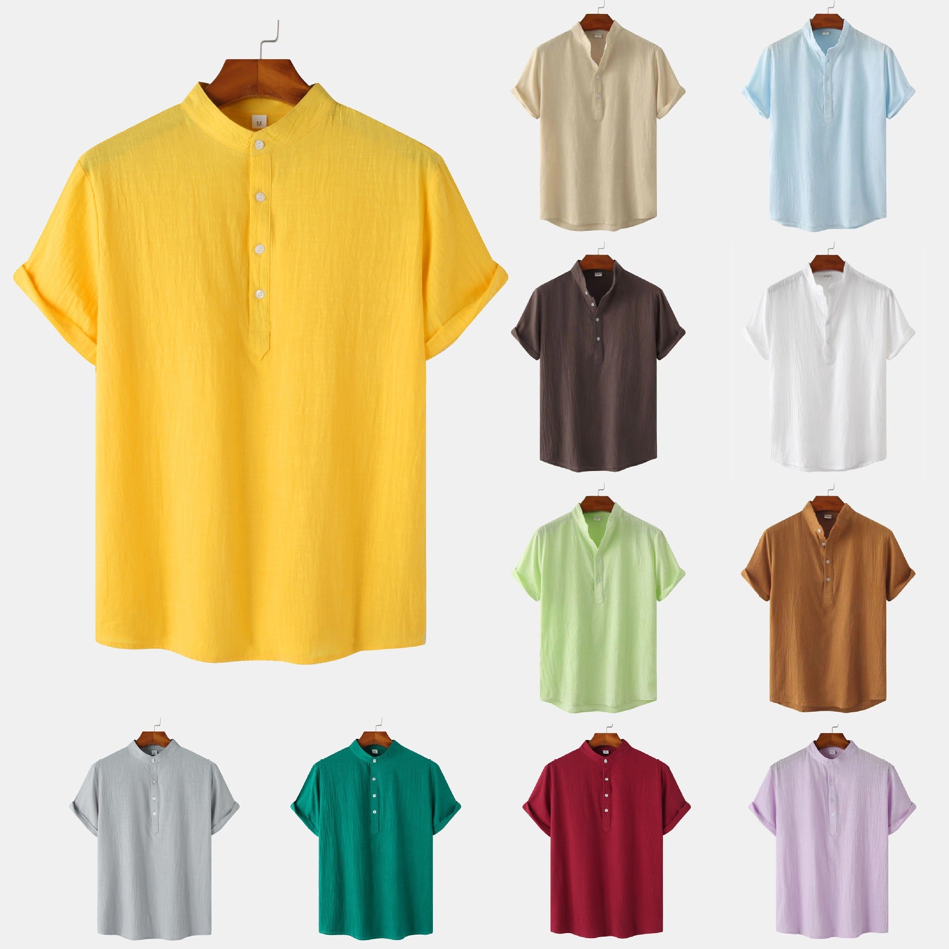 Summer Mens Cotton and Linen Standing Collar Casual Short Sleeved Shirt Beach T Shirt Shirt Mens Clothing - E-Esther Clothing Store