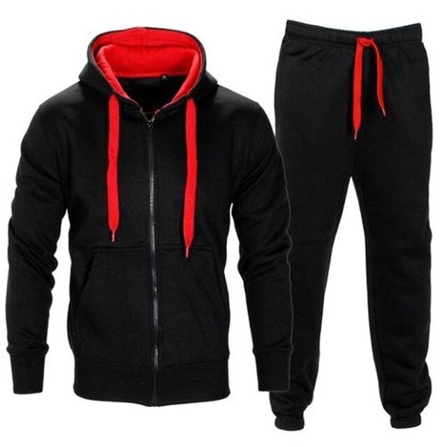 Casual Solid Tracksuit Zipper Hooded Sweatshirt Jacket +Sweatpants Mens Tracksuit - E-Esther Clothing Store