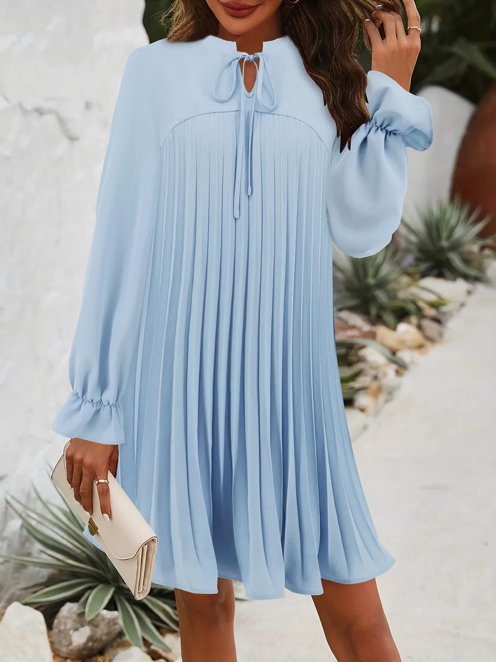 Tie Neck Flounce Sleeve Mini Dress - E-Esther Clothing Store