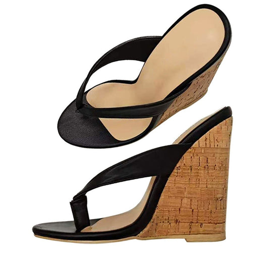 European and American Womens Oversized Heel Sandals Wedged Sloping Heel Sandals With Wooden Grain Wrap Heels And Round Toe High Heels