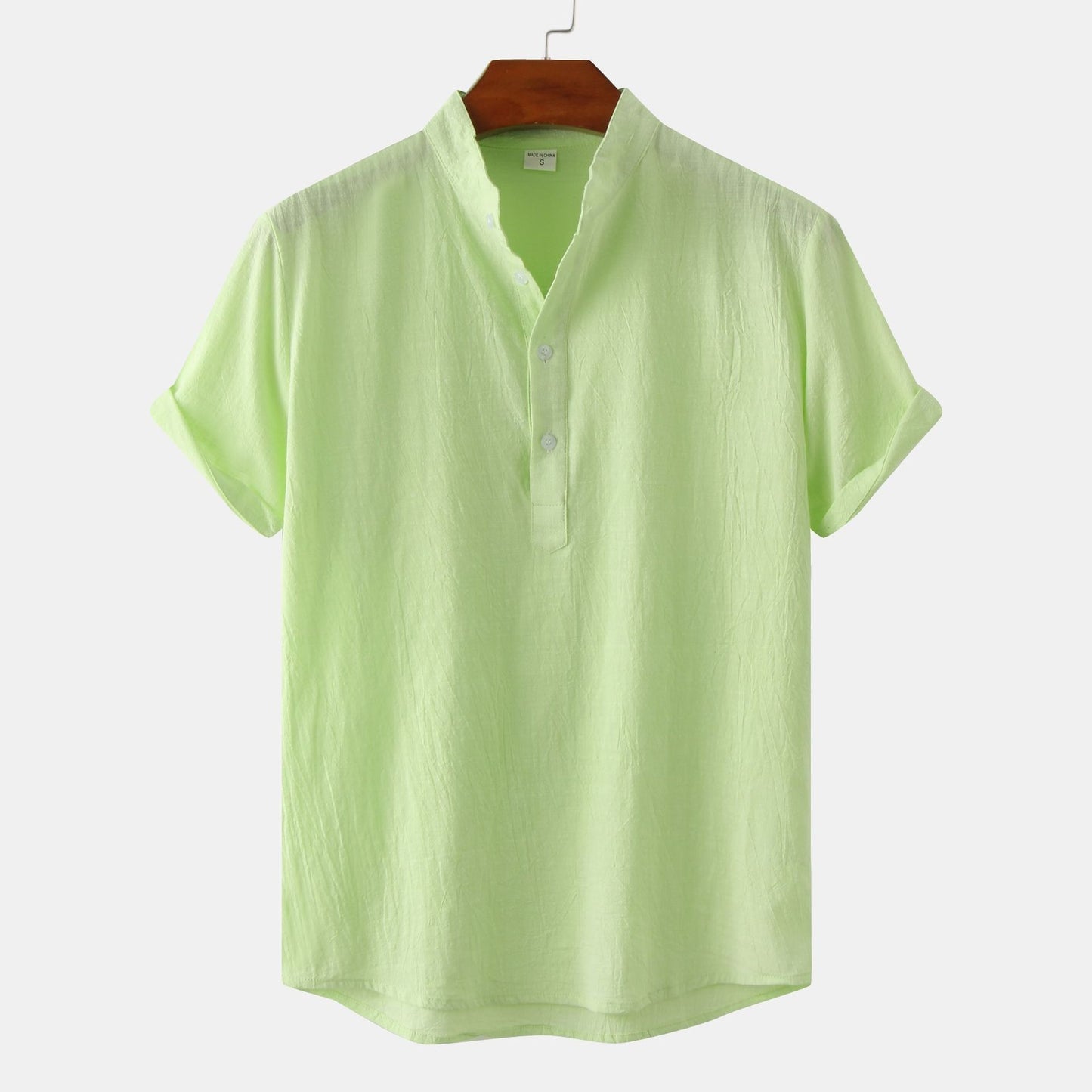 Summer Mens Cotton and Linen Standing Collar Casual Short Sleeved Shirt Beach T Shirt Shirt Mens Clothing - E-Esther Clothing Store