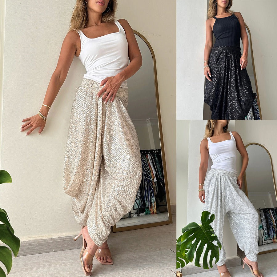 Loose sequin trousers INS elastic waist casual bloomers - E-Esther Clothing Store