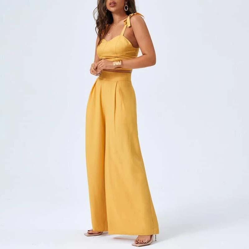 European and American Womens Open Back Suspender Top Fashionable Temperament Wide Leg Pants Casual Pants Two Piece Set for Women - E-Esther Clothing Store