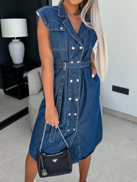 Casual collar sleeveless nail buckle open chest waist cinching lace up denim dress - E-Esther Clothing Store