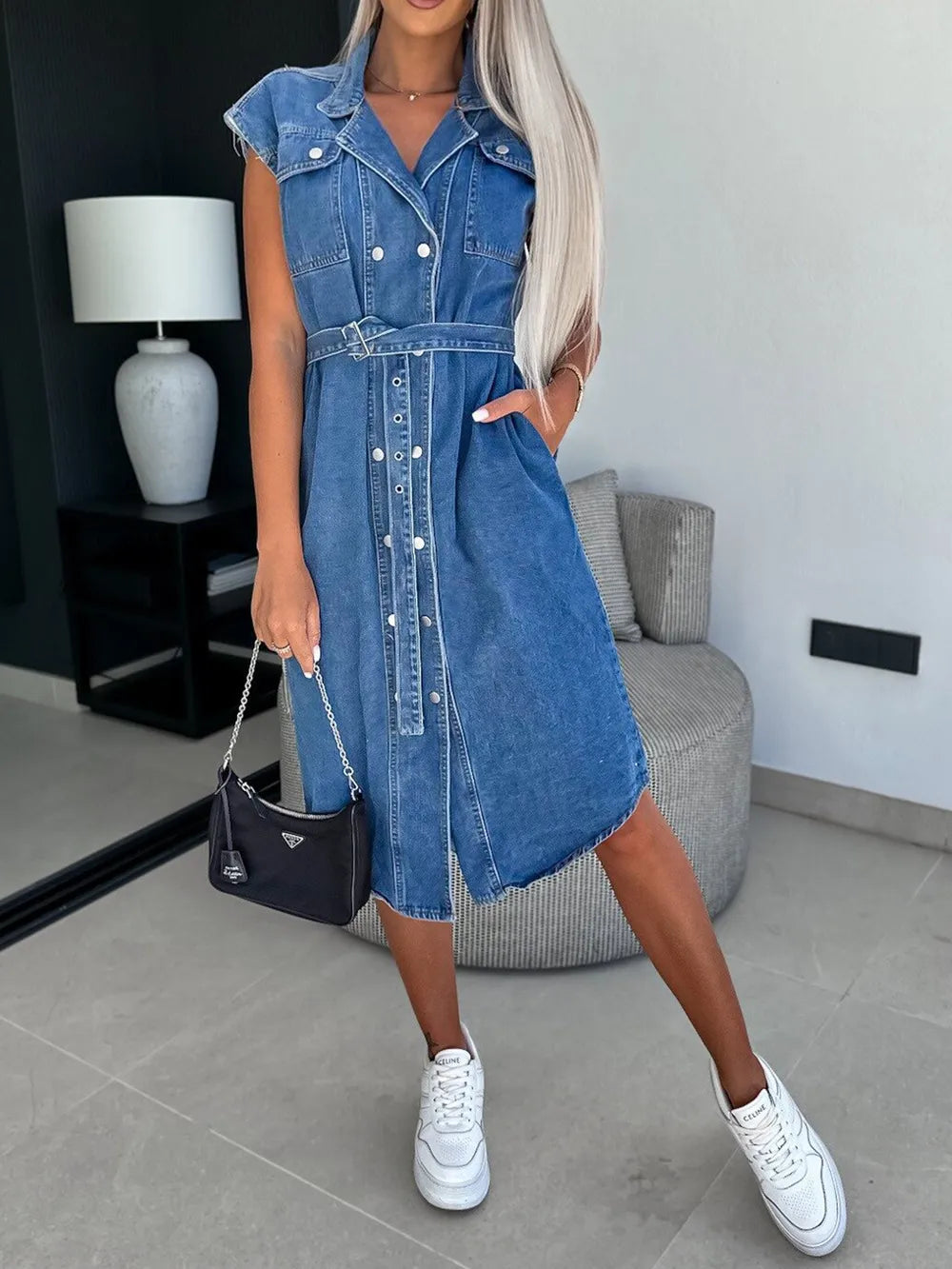 Casual collar sleeveless nail buckle open chest waist cinching lace up denim dress - E-Esther Clothing Store
