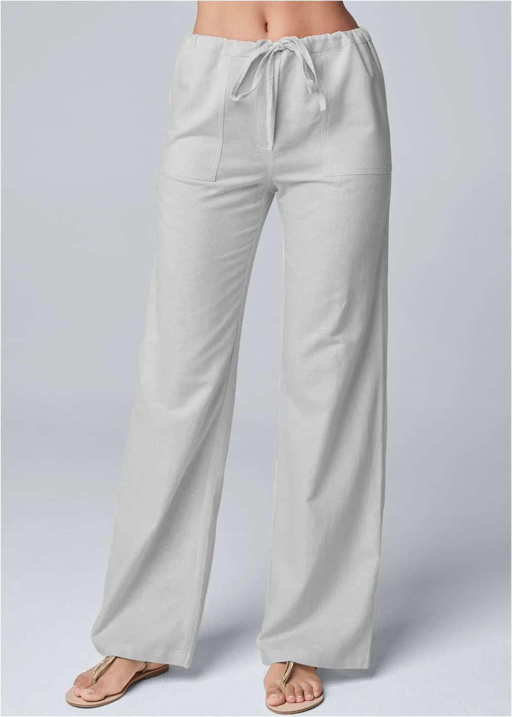Women Cotton Linen Pants Solid Color Elastic Loose Drawstring Wide-Leg High Waist Trousers Female Stretch Straight Casual Pants - E-Esther Clothing Store